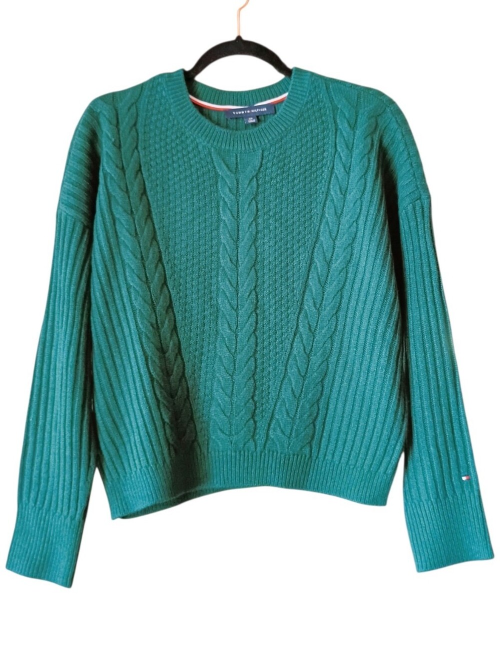 TOMMY HILFIGER Women's Traveling Cable Sweater Green Colorful Sz S/P